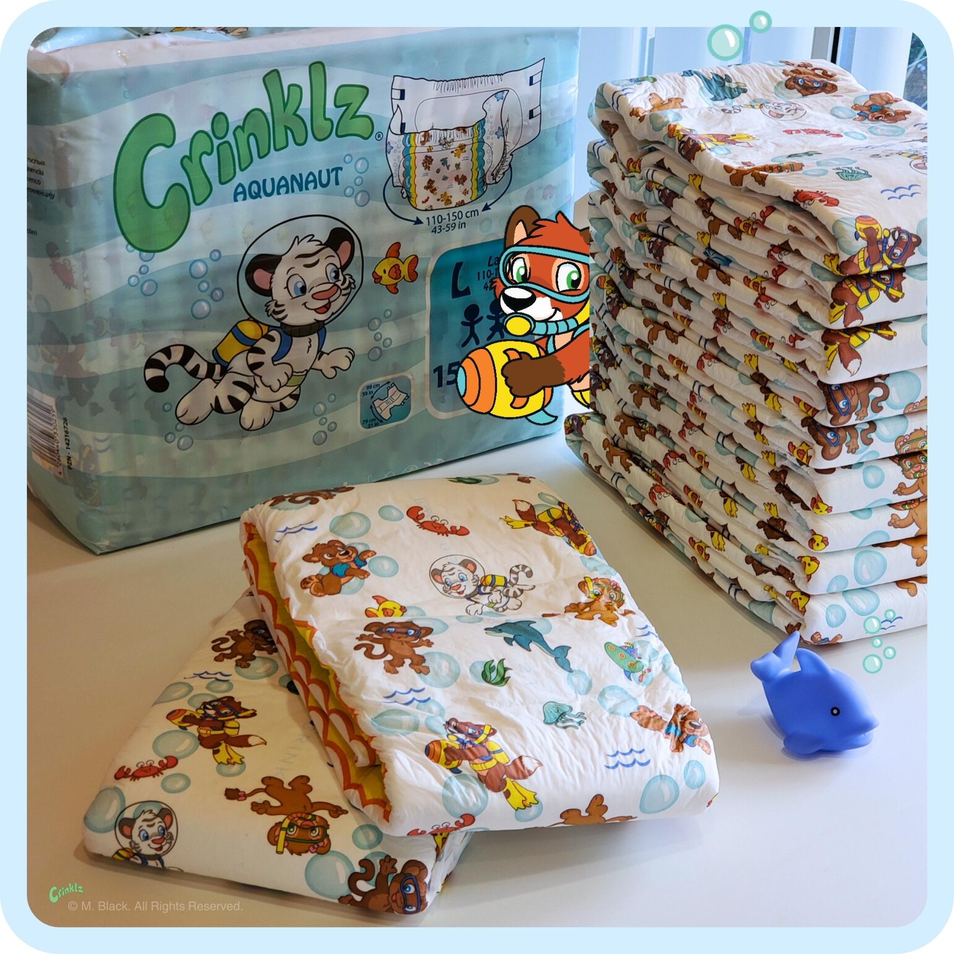 Stack of Crinklz Aquanaut print diapers with polybag next to it.