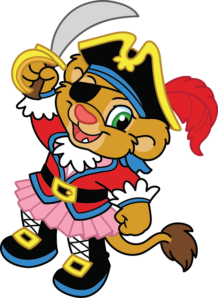 Leah the lion is dressed as a pirate queen! She's wearing her pirate outfit and has her sword lifted above her.