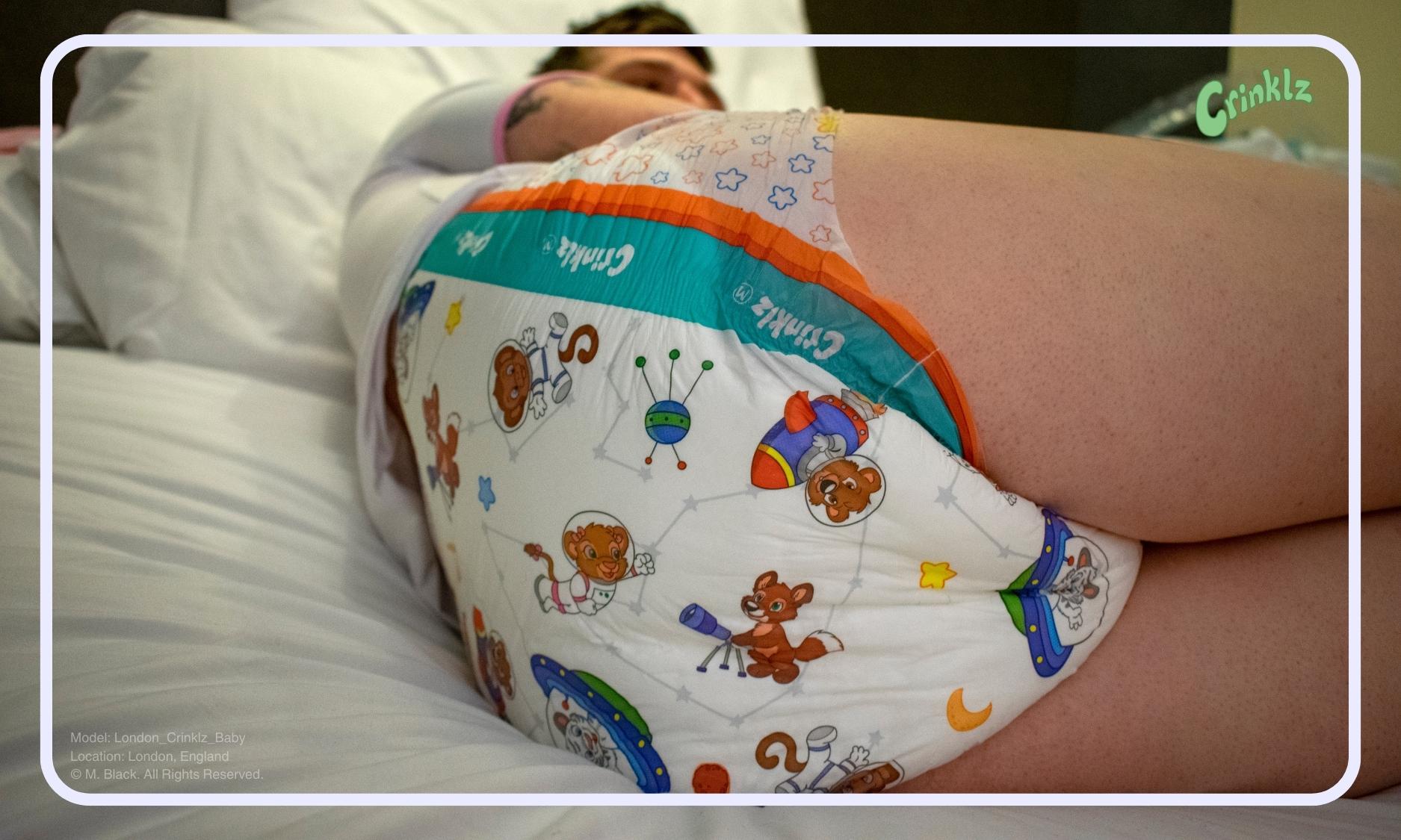 Model wearing Crinklz Astronaut adult diapers while relaxing in London, England.