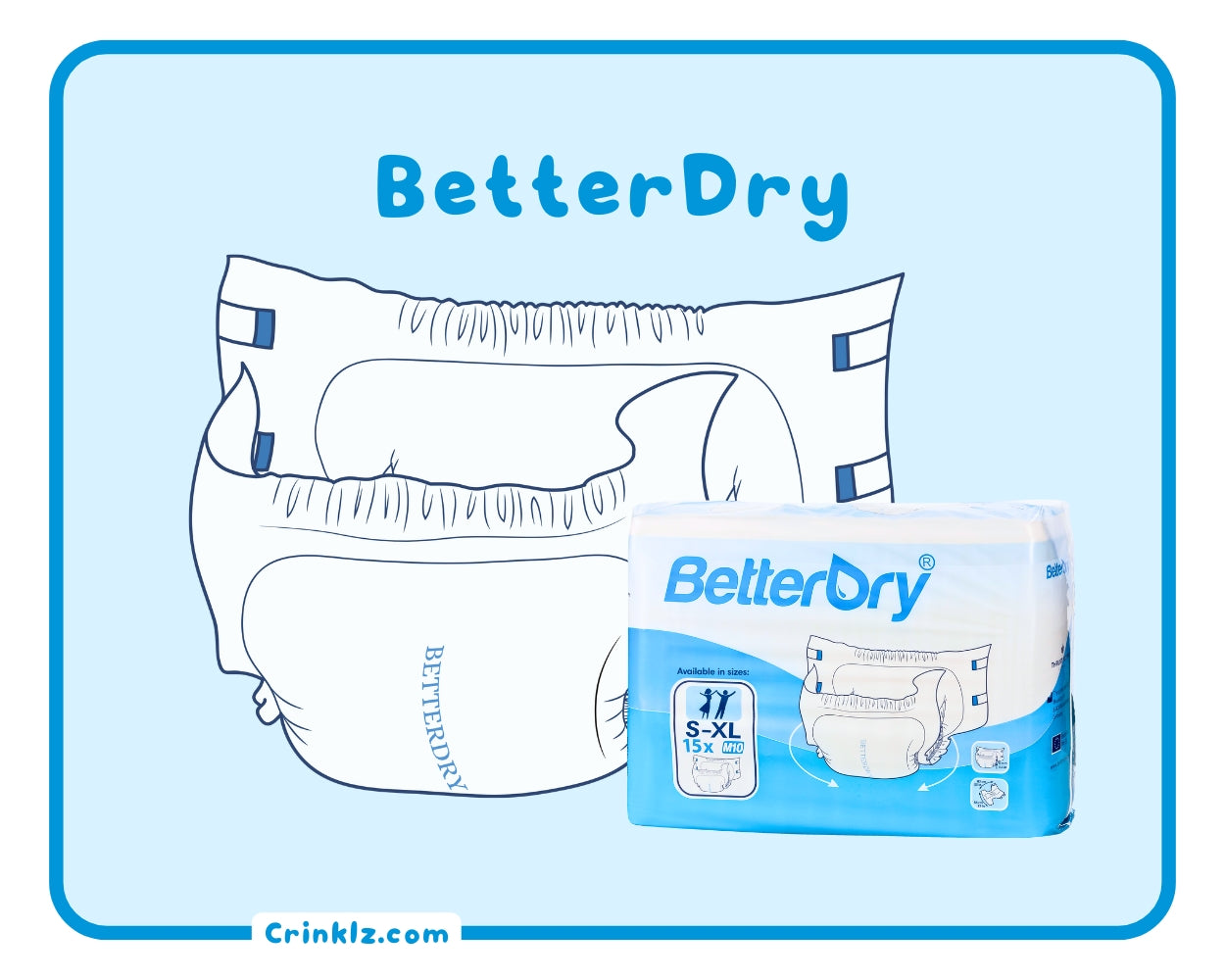 Image of a BetterDry polybag in front of an illustration of a BetterDry adult diaper.