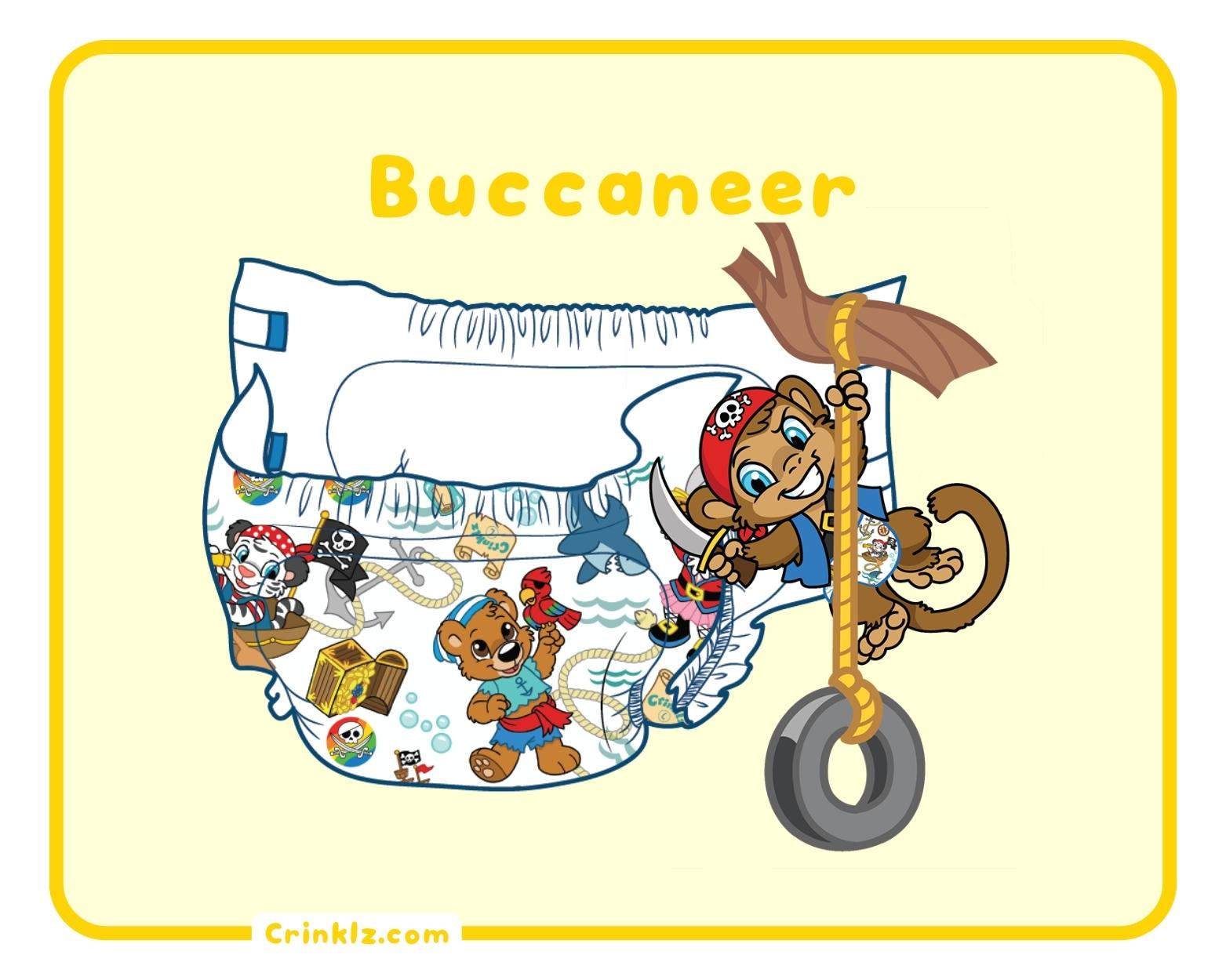 Image of Max the monkey playing in front of illustration of the Crinklz Buccaneer print adult diaper.