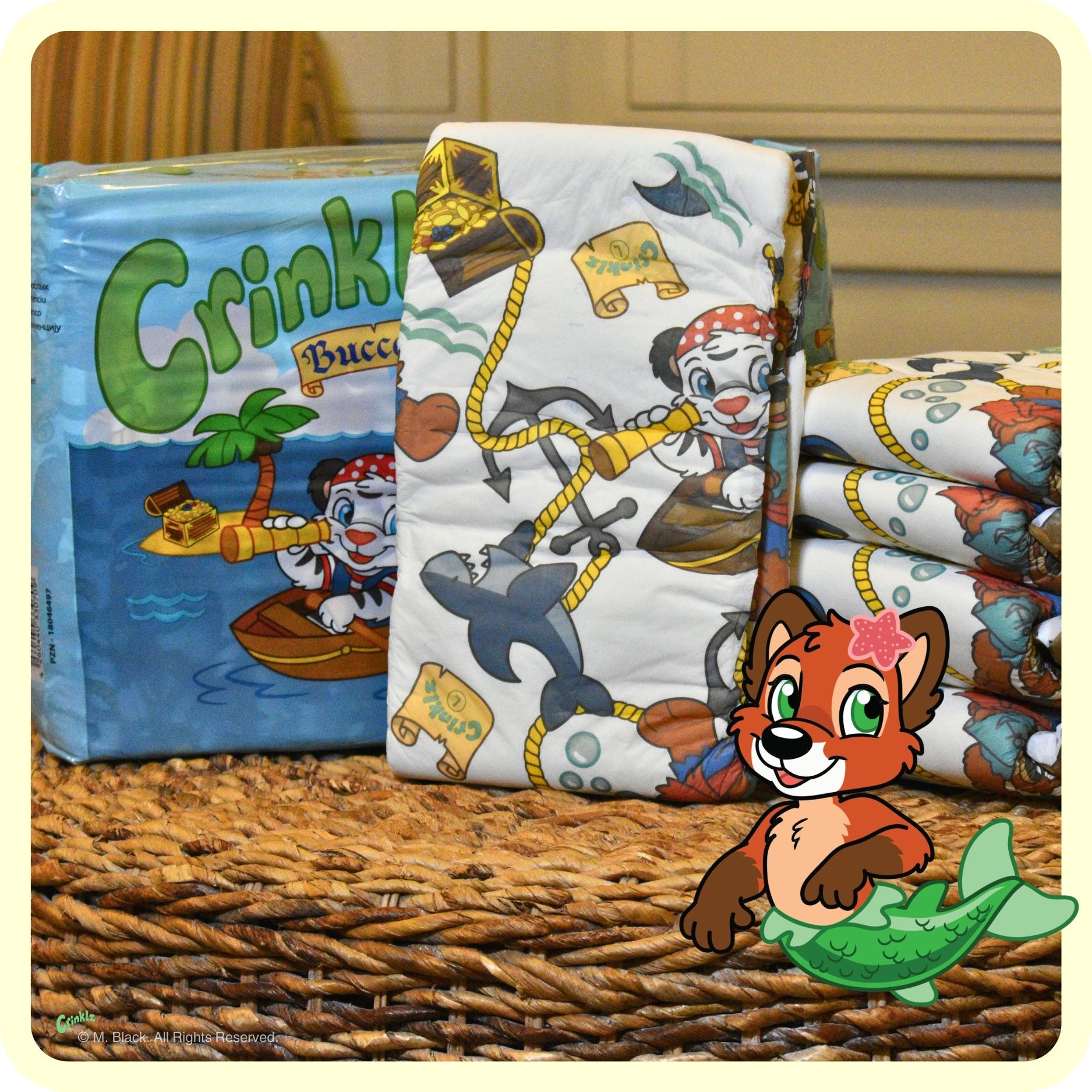 Stack of Crinklz Buccaneer print adult diapers with polybag.