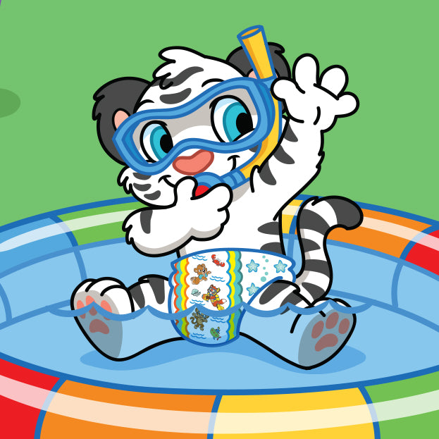 Crinklz the tiger is wearing a snorkel while in his Crinklz Aquanaut diapers. He's sitting in a kiddie pool.