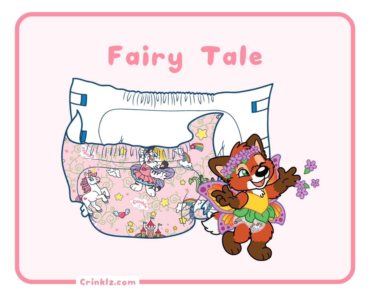 Image of Felix the fox playing in front of illustration of the Crinklz Fairy Tale print adult diaper.