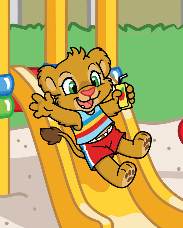 Leah the lion is gliding down the slide while wearing her Crinklz Original print diapers under her playwear.
