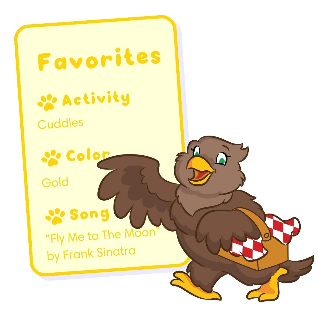 Alma loves to cuddle, her favorite color is gold, and her favorite song is "Fly Me to the Moon" by Frank Sinatra.