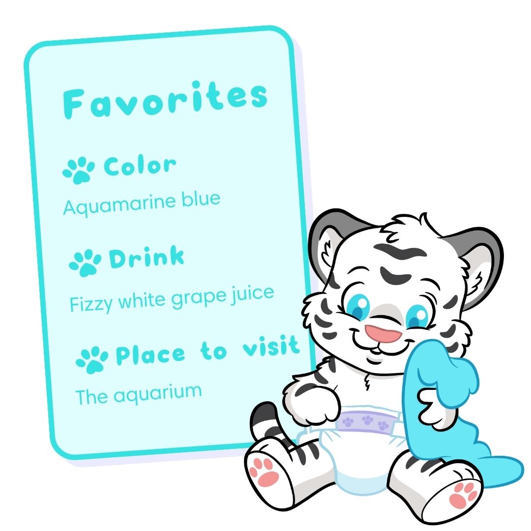 Crinklz the tiger loves the color aquamarine blue, his favorite drink is fizzy white grape juice, and his favorite place to visit is the aquarium.