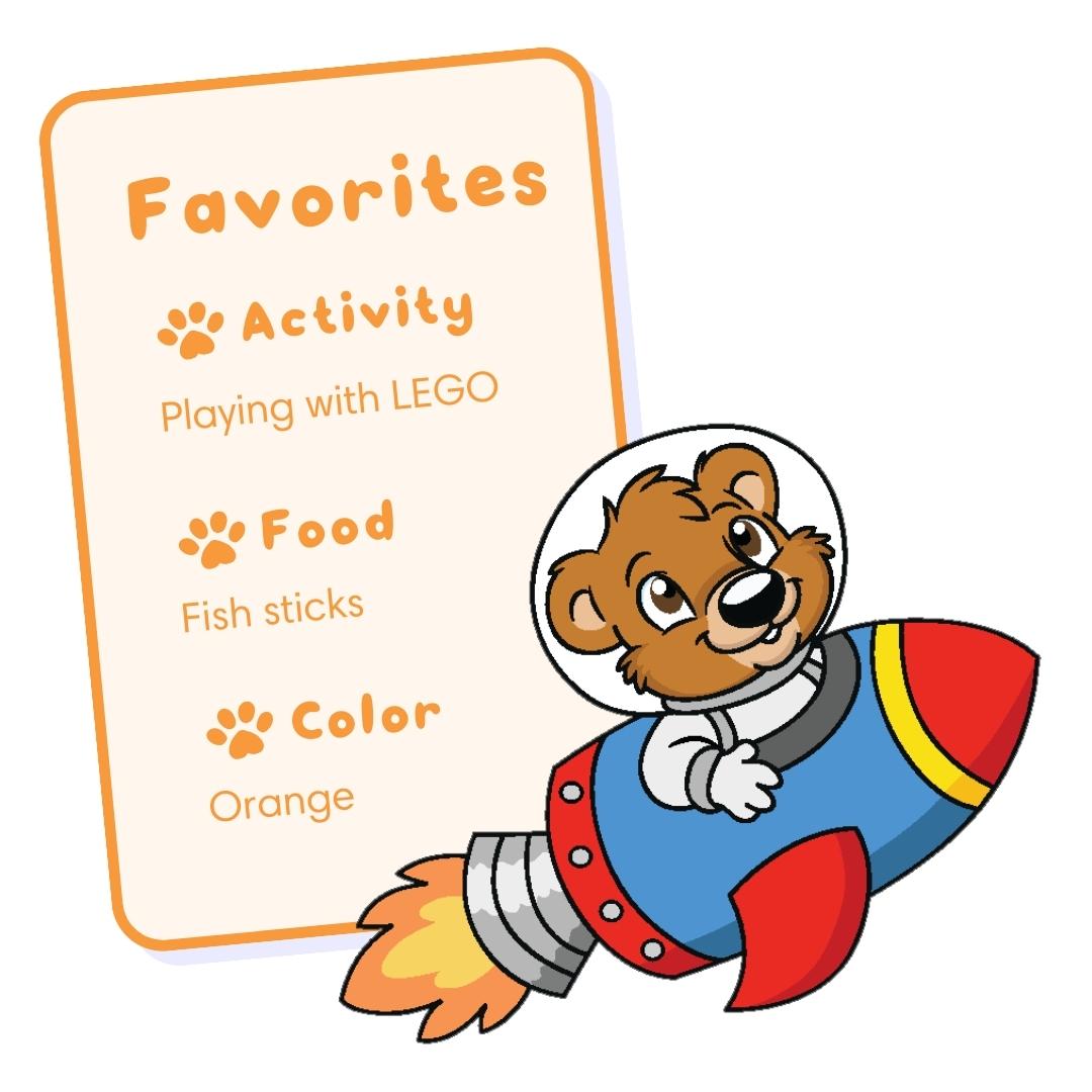 Quick facts about Theo: his favorite activity is playing with LEGO, favorite food is fish sticks, and his favorite color is orange.
