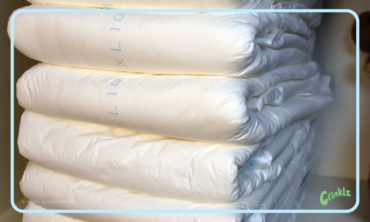 Close-up image of a stack of BetterDry adult diapers.