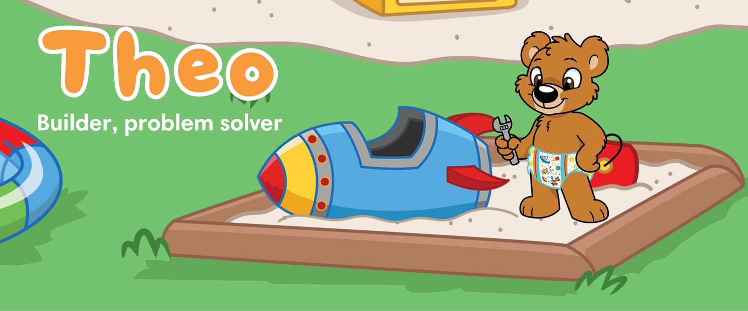 Theo the bear is a builder and problem solver. Here he is fixing his rocket ship while wearing Astronaut print diapers.