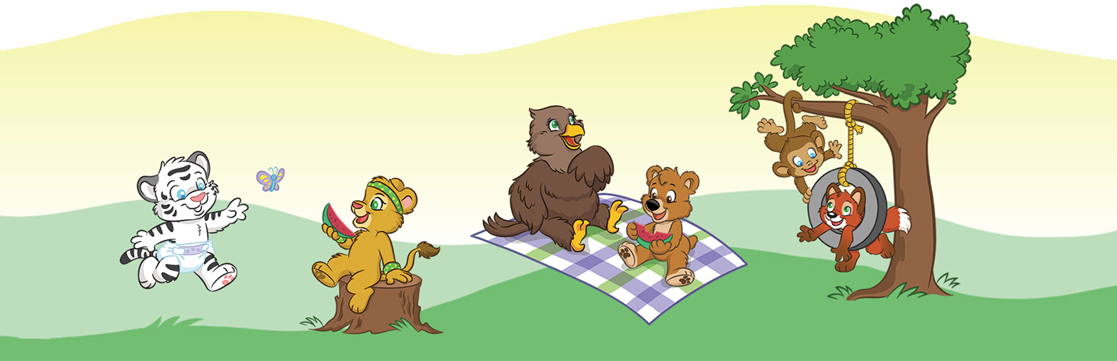Banner of the Crinklz Crew playing in a field. There's Crinklz the tiger, Leah the lion, Alma the eagle, Theo the bear, Max the monkey, and Felix the fox.