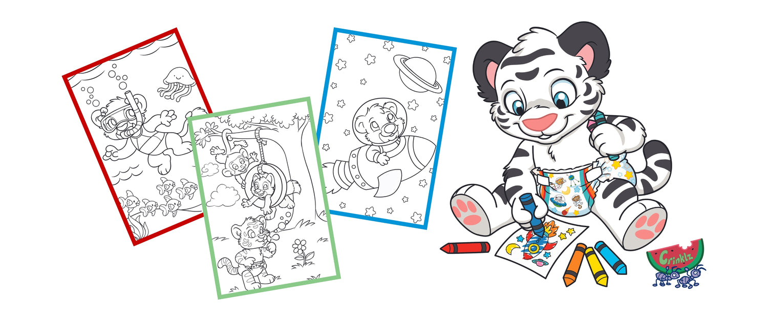 Image of coloring pages next to Crinklz the tiger coloring while wearing Astronaut diapers.