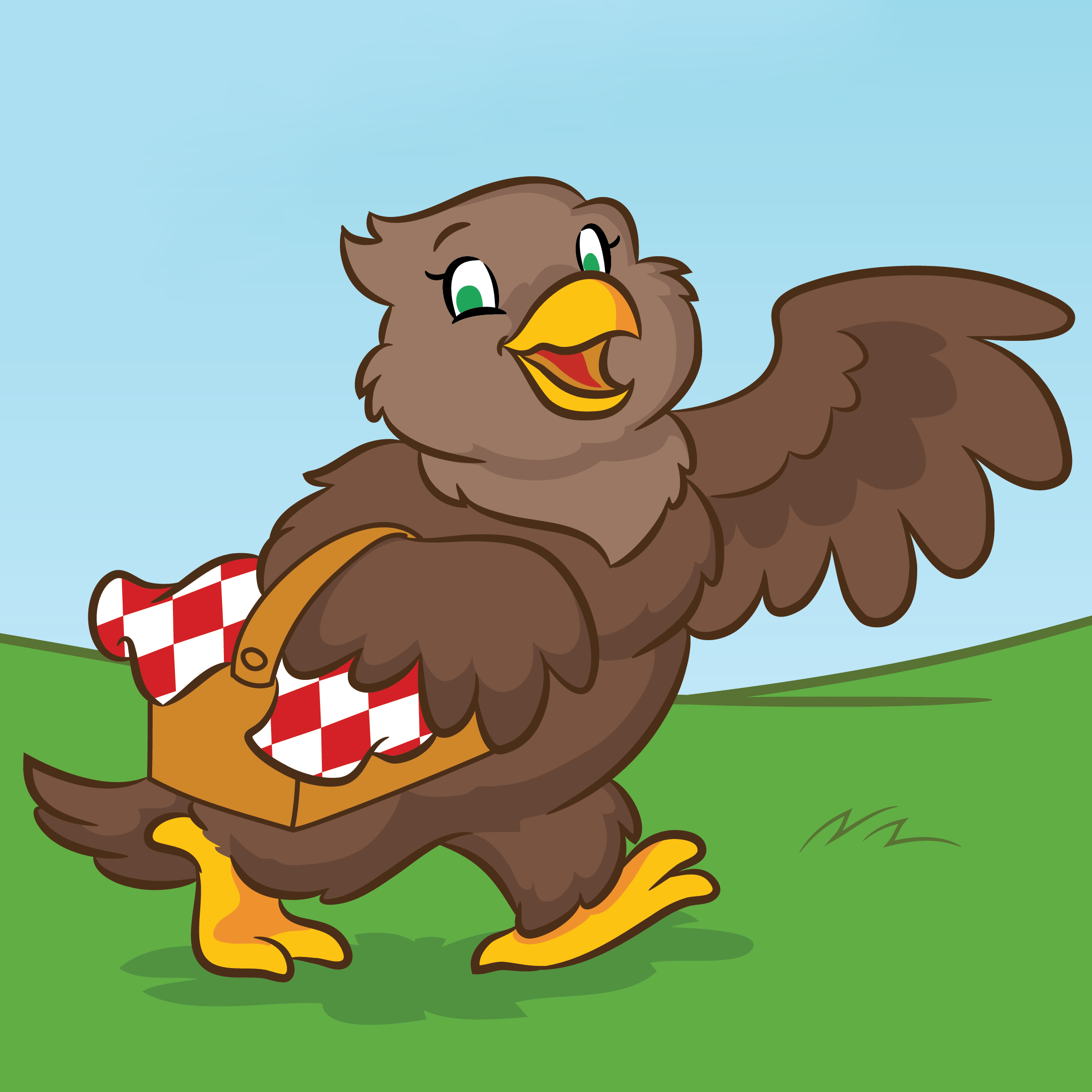 Alma the eagle carrying a picnic basket.