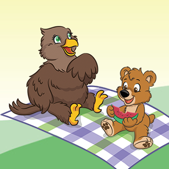 Alma the eagle sitting with Theo the bear on a picnic table. Theo is enjoying a slice of watermelon. 