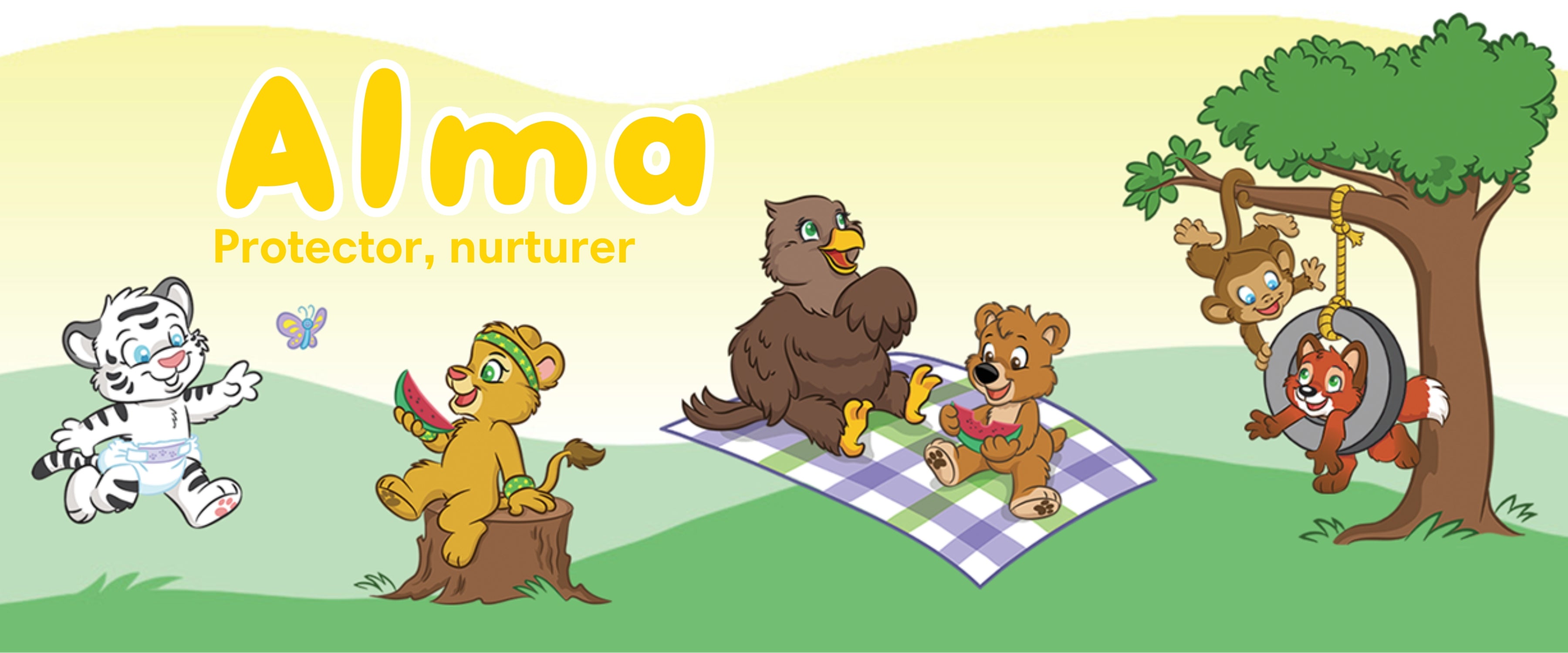Alma the eagle is a protector and nurturer. In this illustration, Alma is surrounded by the crew playing outside.