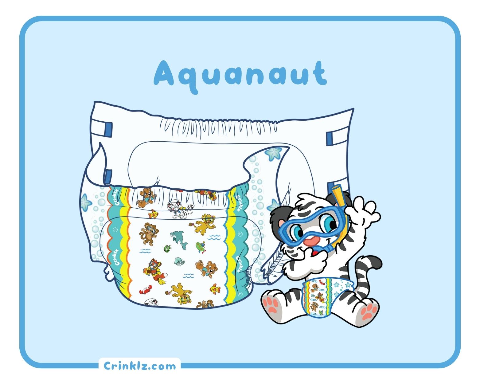 Image of Crinklz the tiger playing in front of illustration of the Crinklz Aquanaut print adult diaper.