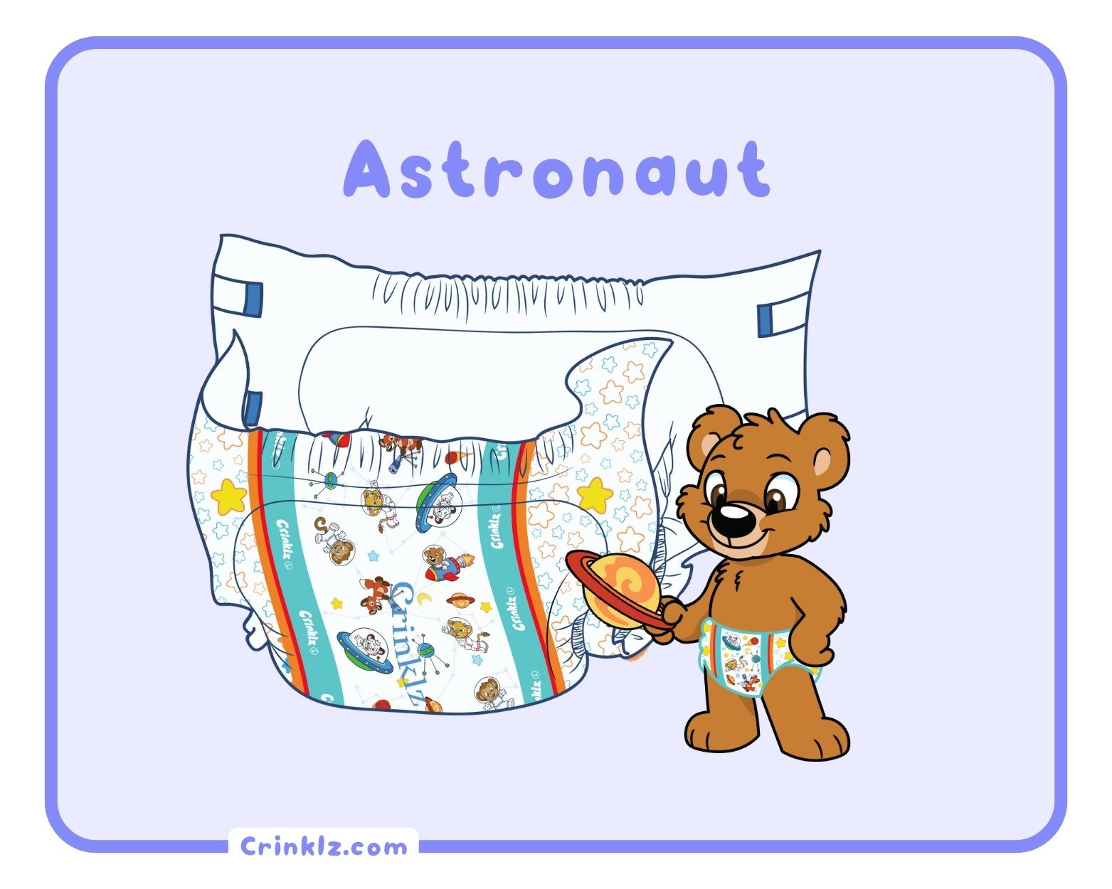 Image of Theo the bear playing in front of illustration of the Crinklz Astronaut print adult diaper.