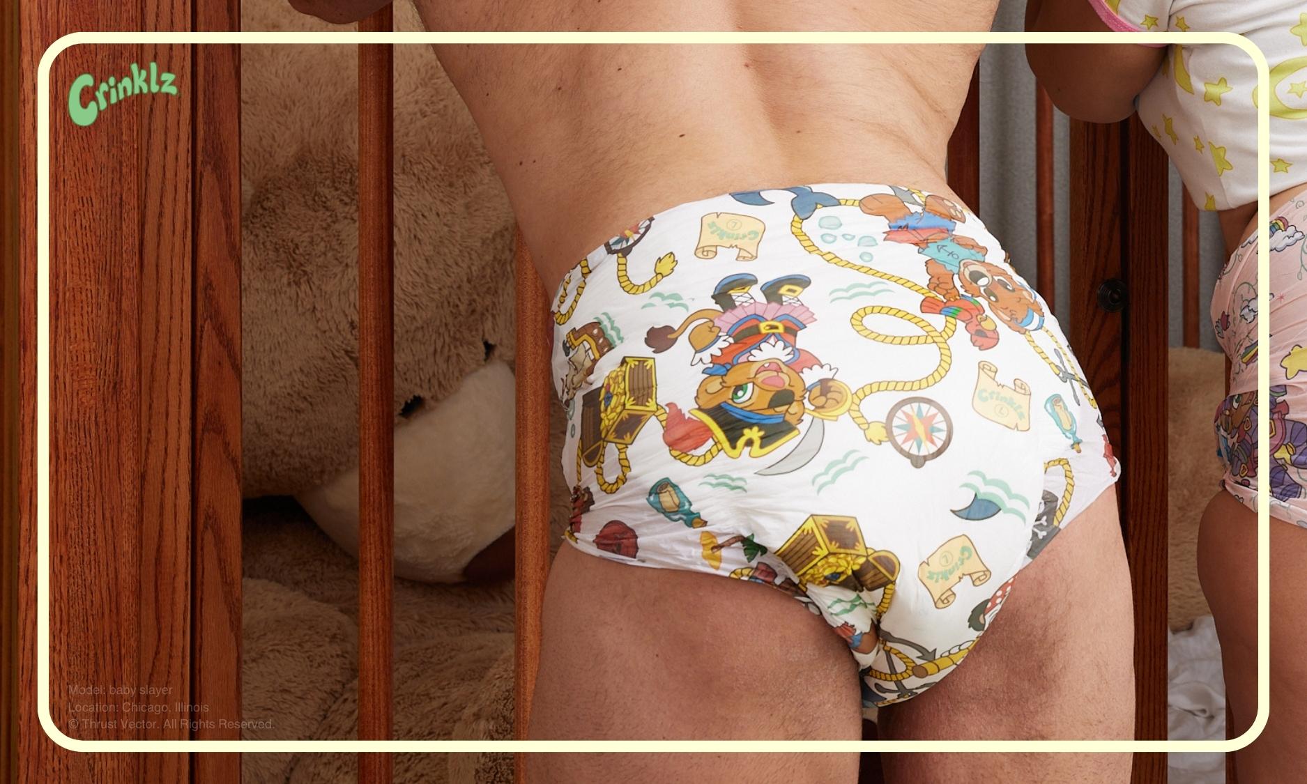 Model wearing Crinklz Buccaneer print adult diaper while playing at CAPCon, the ageplay convention in Chicago, Il.