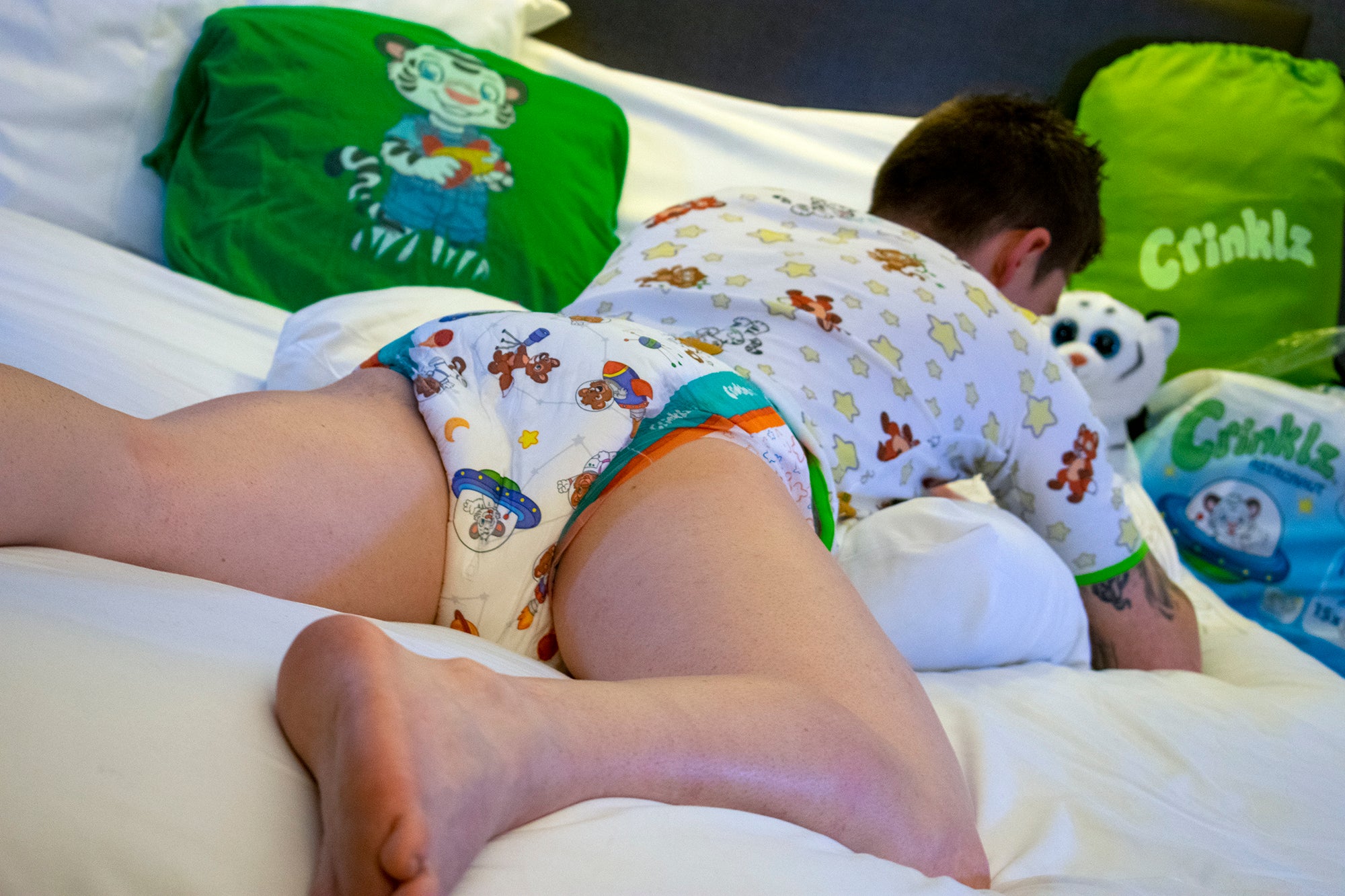 A person wearing Crinklz Astronaut adult diapers while relaxing in London, England.