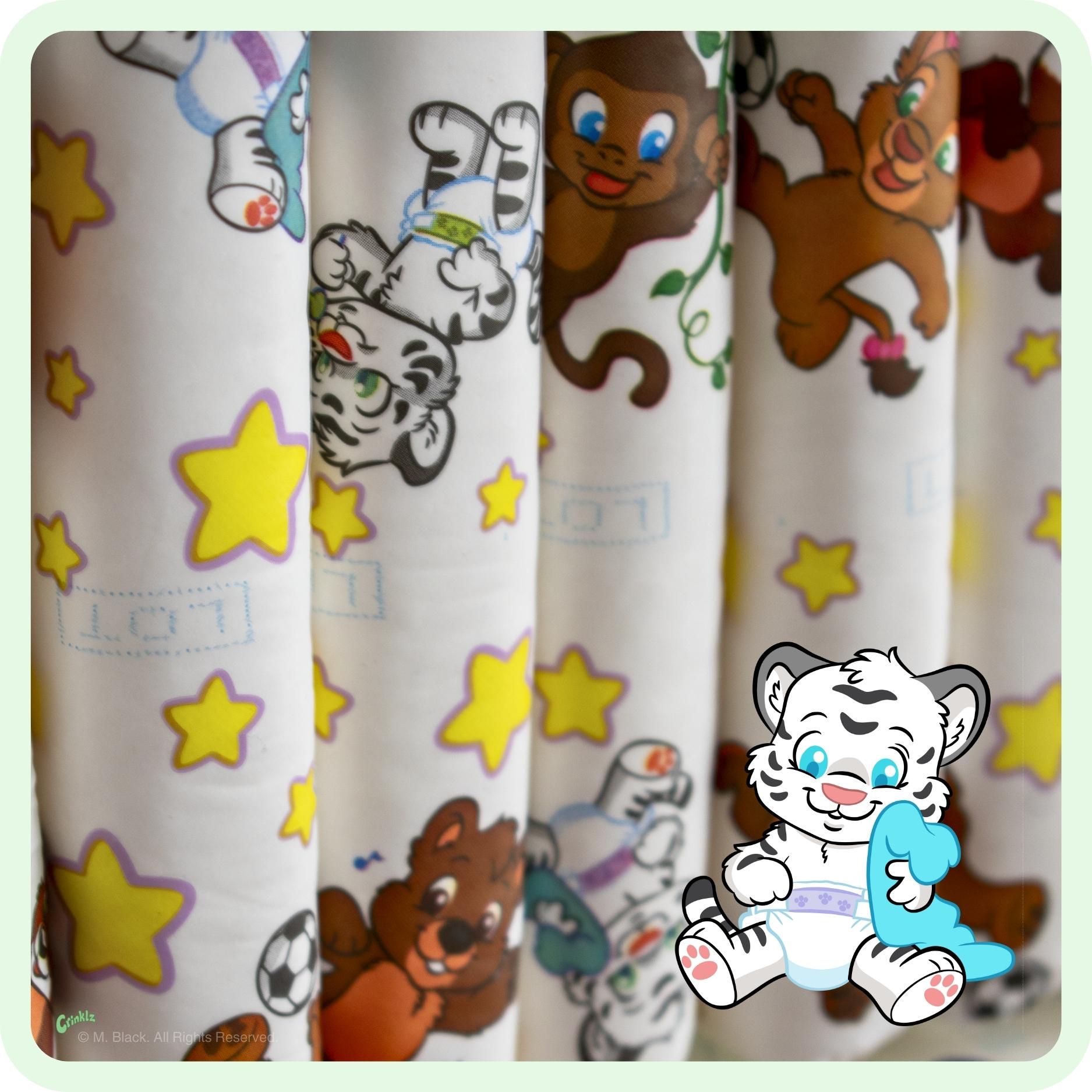 A sideways stack of Crinklz Original print adult diapers.