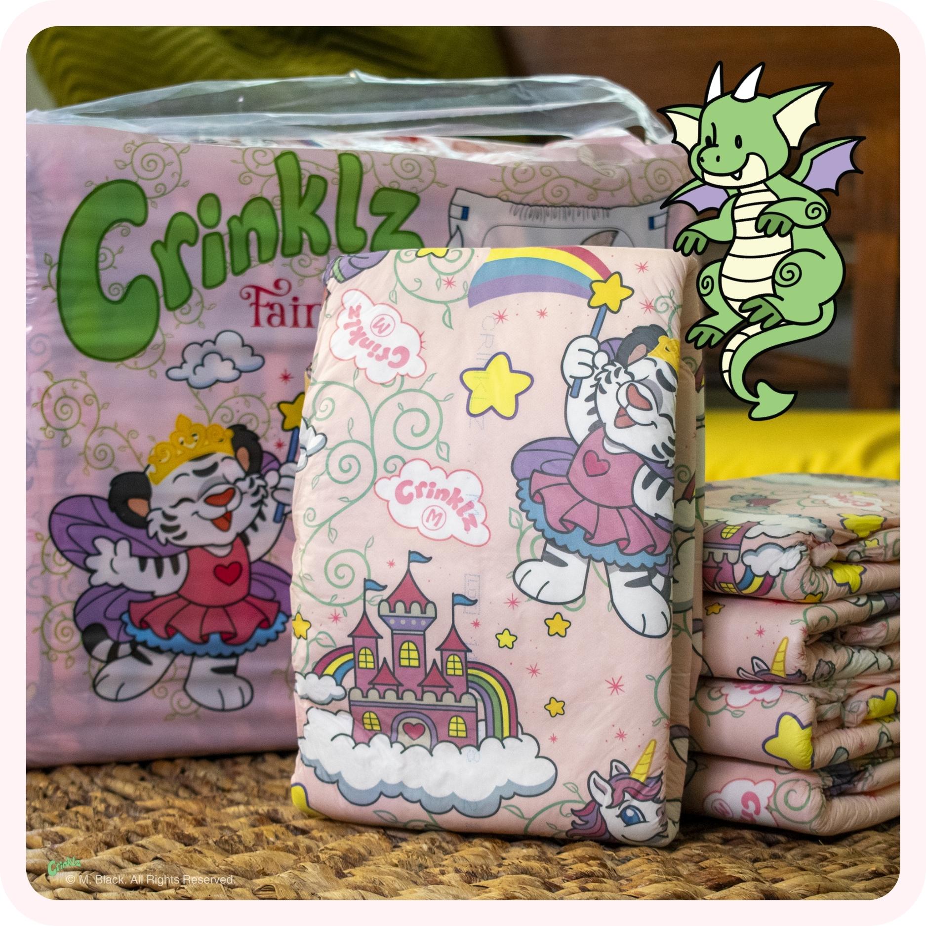 Stack of Crinklz Fairy Tale print adult diapers. Behind them is a polybag.