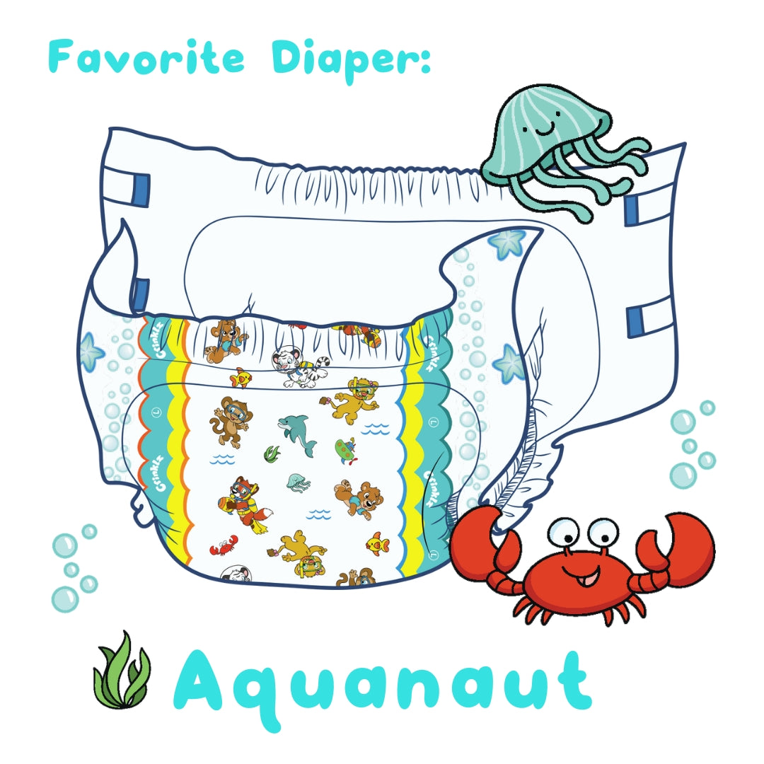 Crinklz's favorite diaper print is Aquanaut. This is an illustration of the Aquanaut print diaper with a little crab in front of it.