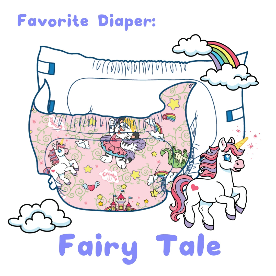 Felix's favorite diaper print is Fairy Tale. This is an illustration of a Fairy Tale print diaper with a unicorn in front of it.