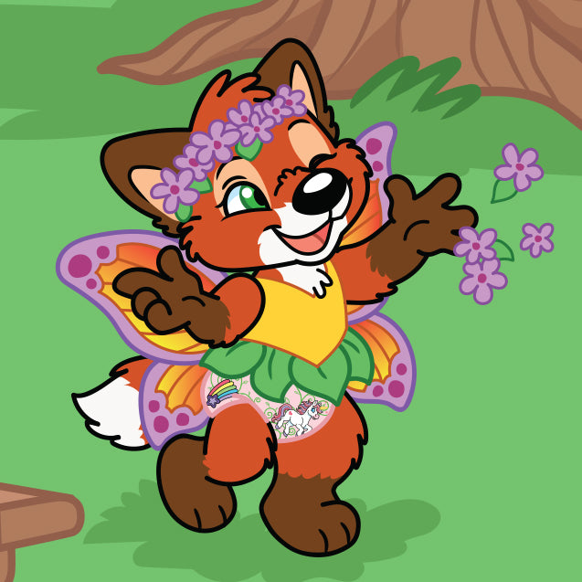Felix the fox is dressed as a fairy while wearing Crinklz Fairy Tale print diapers. He's tossing flowers around while he plays.