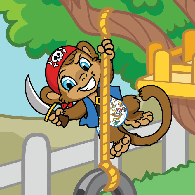 Max the monkey wearing a pirate outfit and Crinklz Buccaneer print diapers. He is swinging from a tire swing.