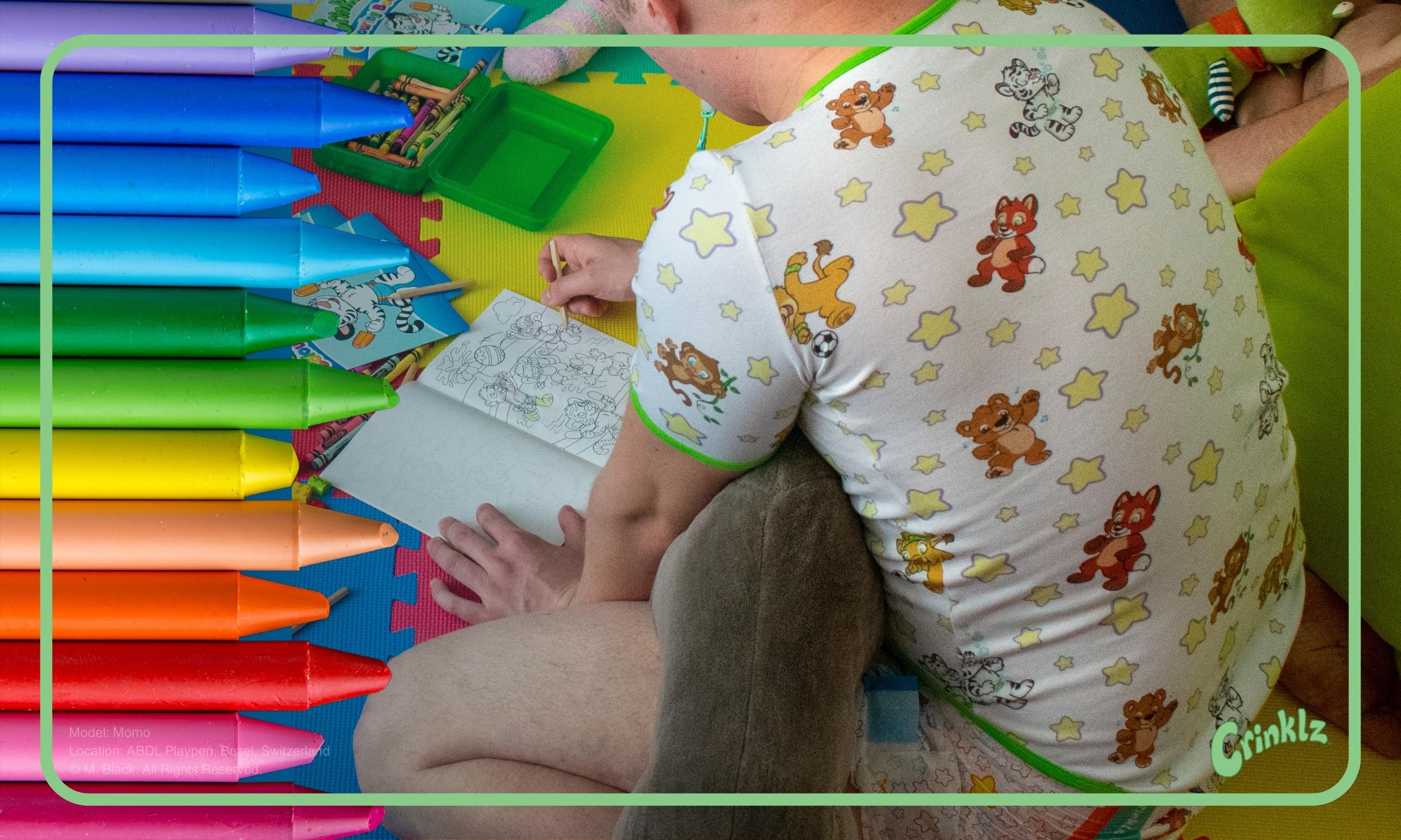 Model coloring while wearing an Original print adult onesie at the ABDL Playpen in Basel, Switzerland.