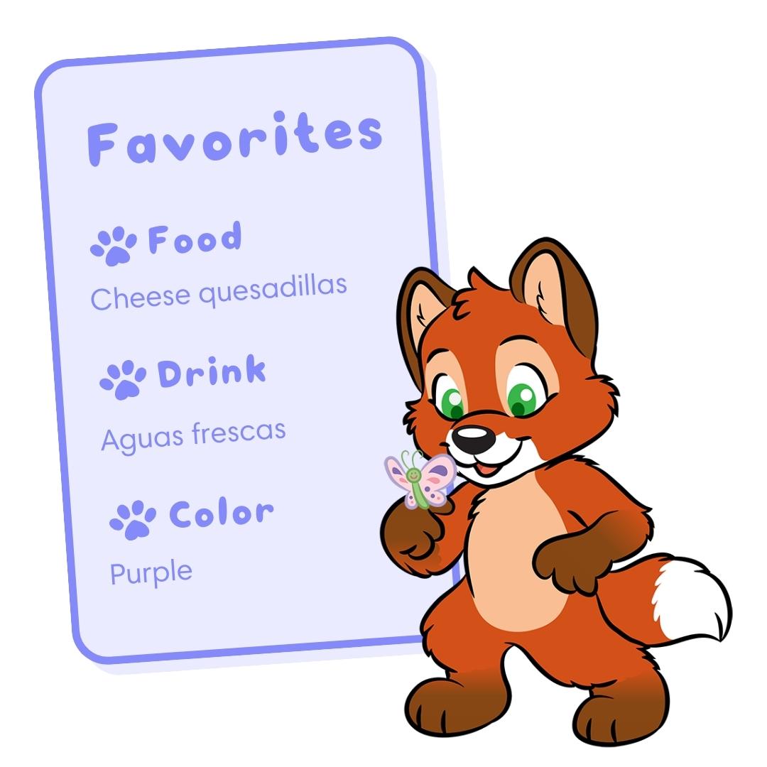 Felix's favorite food is cheese quesadillas, favorite drink is aguas fescas, and favorite color is purple.