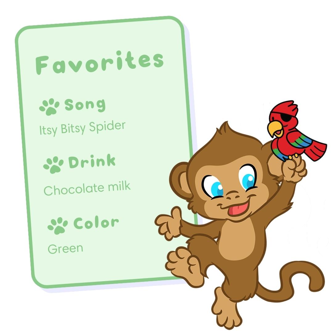 Max's favorite song is Itsy Bitsy Spider, his favorite drink is chocolate milk, and his favorite color is green.