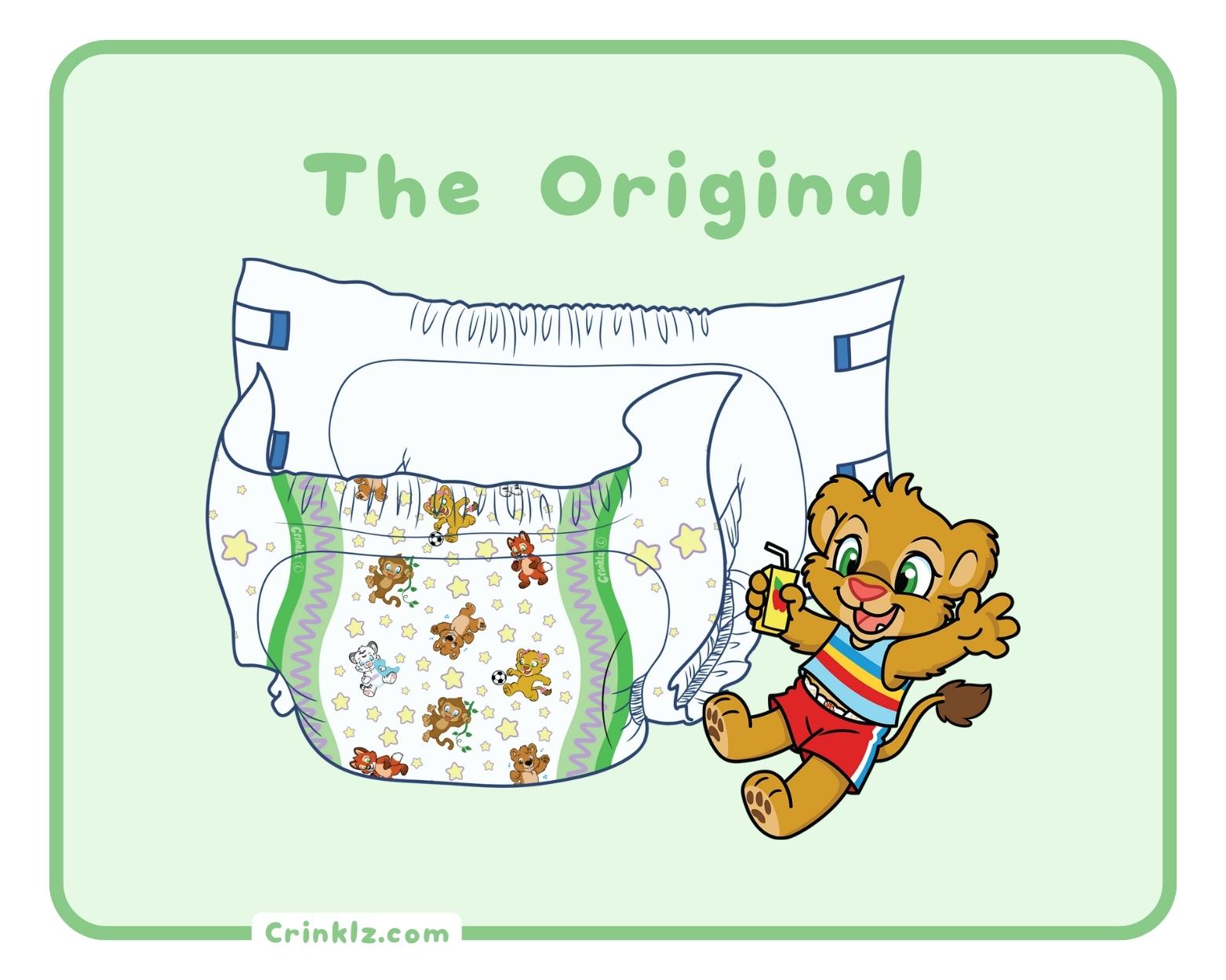 Image of Leah the lion playing in front of illustration of the Crinklz Original print adult diaper.